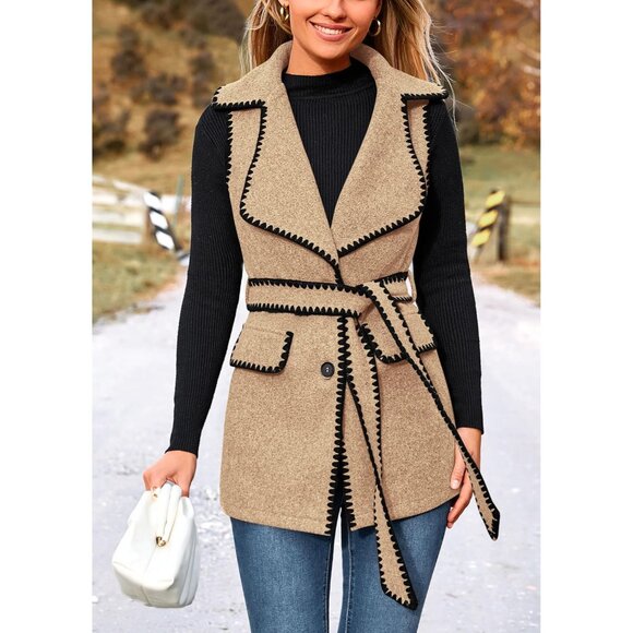 Women's Tweed Vest Outerwear Large Sleeveless Button Belt Fall Winter - Picture 5 of 9